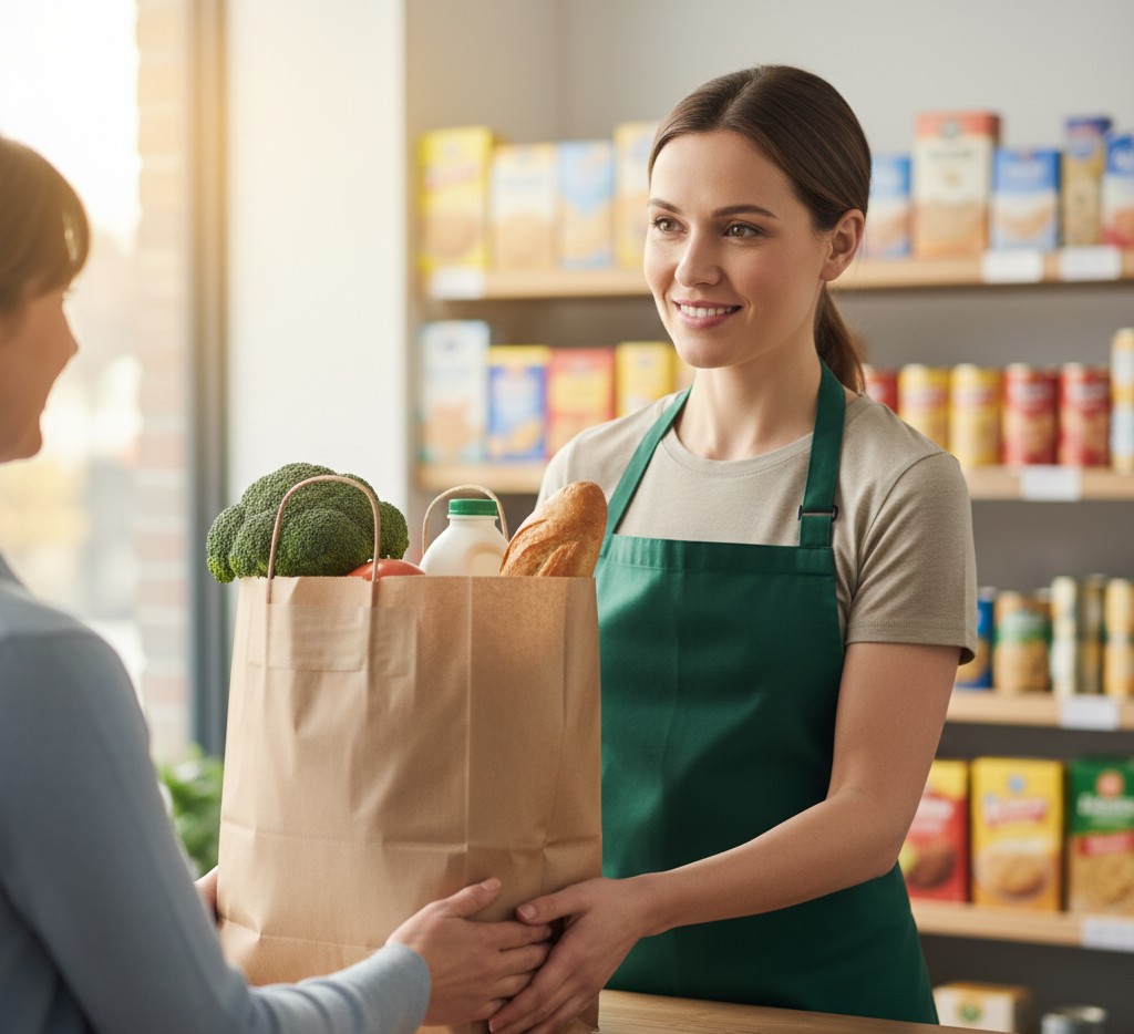 Volunteer handing a grocery bag with fresh food to a person at a community food project in Ireland.