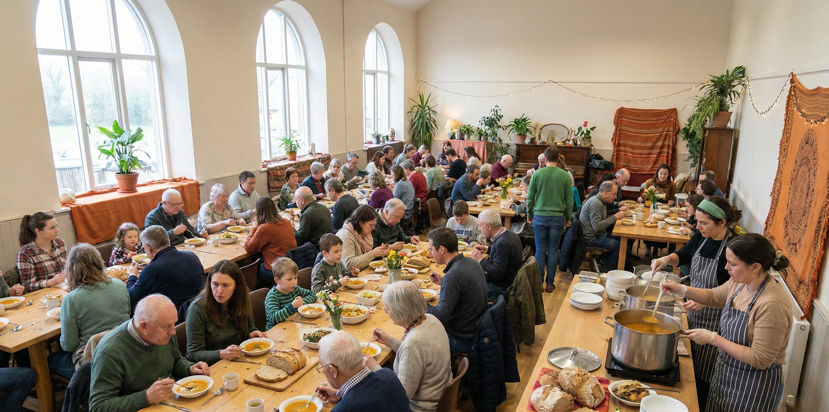 People sharing a free community meal together in a bright hall in Ireland.